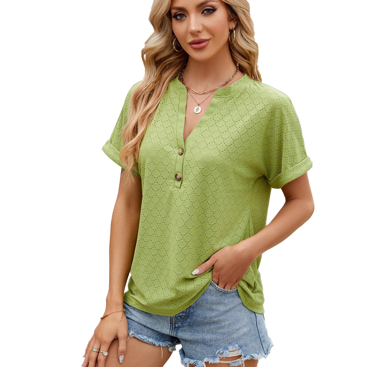 Loose Short Sleeve Button V Neck Blouse