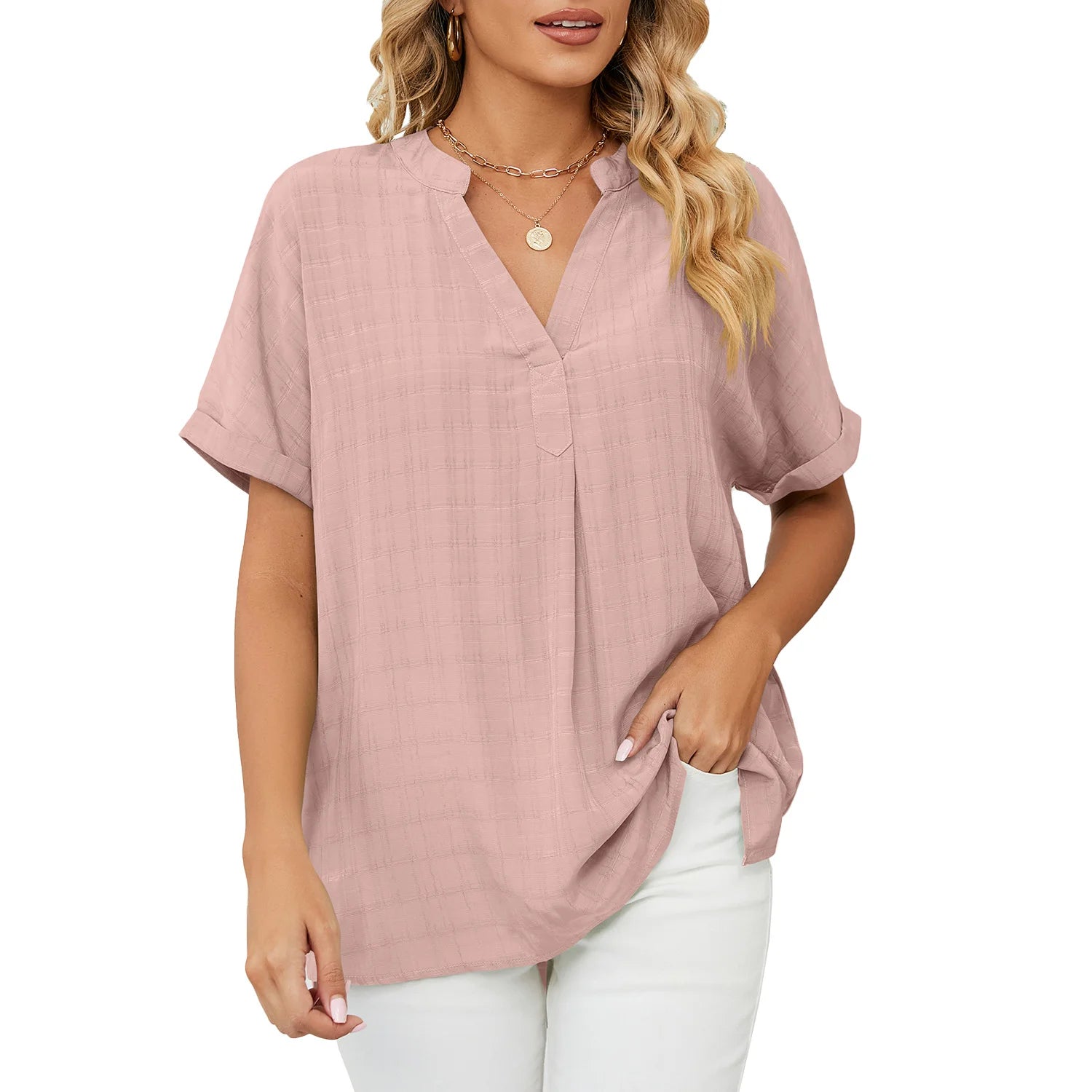 Cross Border New Thin V Neck Casual Sleeve Solid Color Blouse