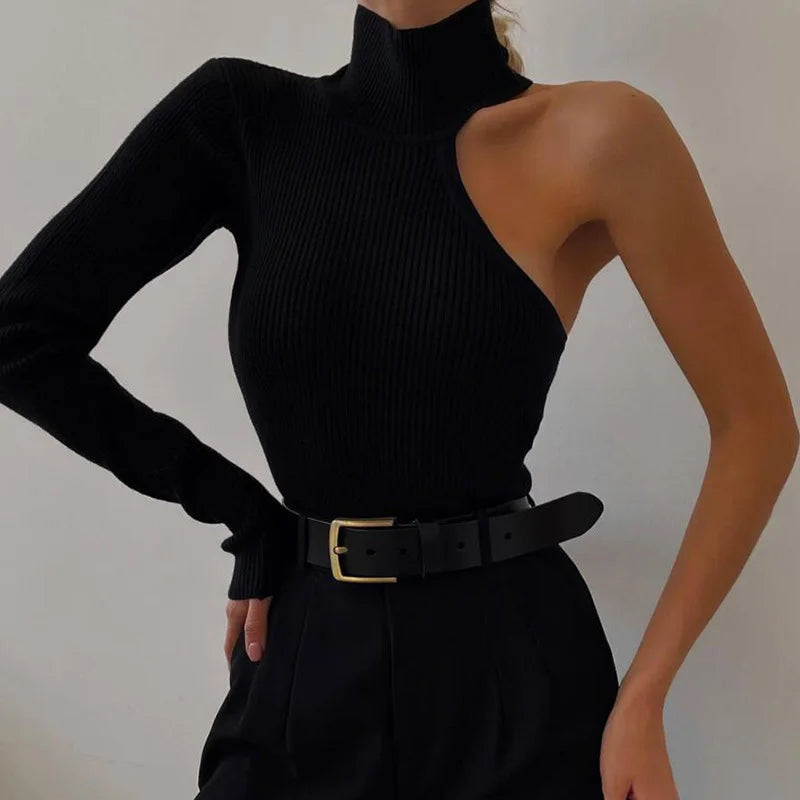 Fashion One Shouldered Long Sleeved Round Neck Slim Solid Color Jumpsuit Women