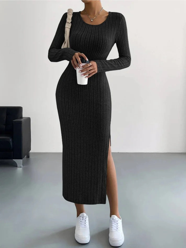 Long Sleeve Round Neck Slit Knitted Maxi Dress