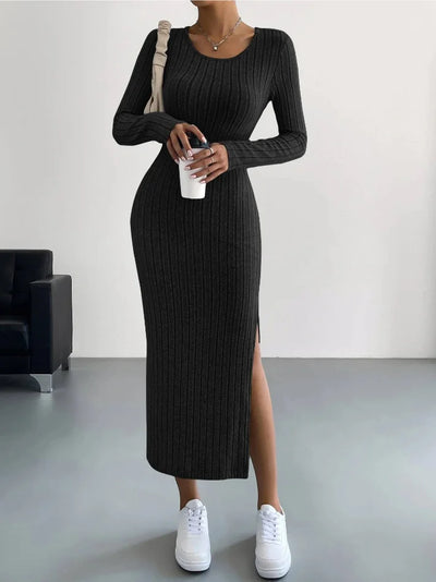 Long Sleeve Round Neck Slit Knitted Maxi Dress