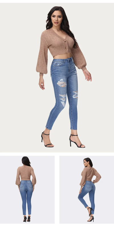 Women’s Jeans Blue High Waist Trousers Ripped Skinny Jeans Women