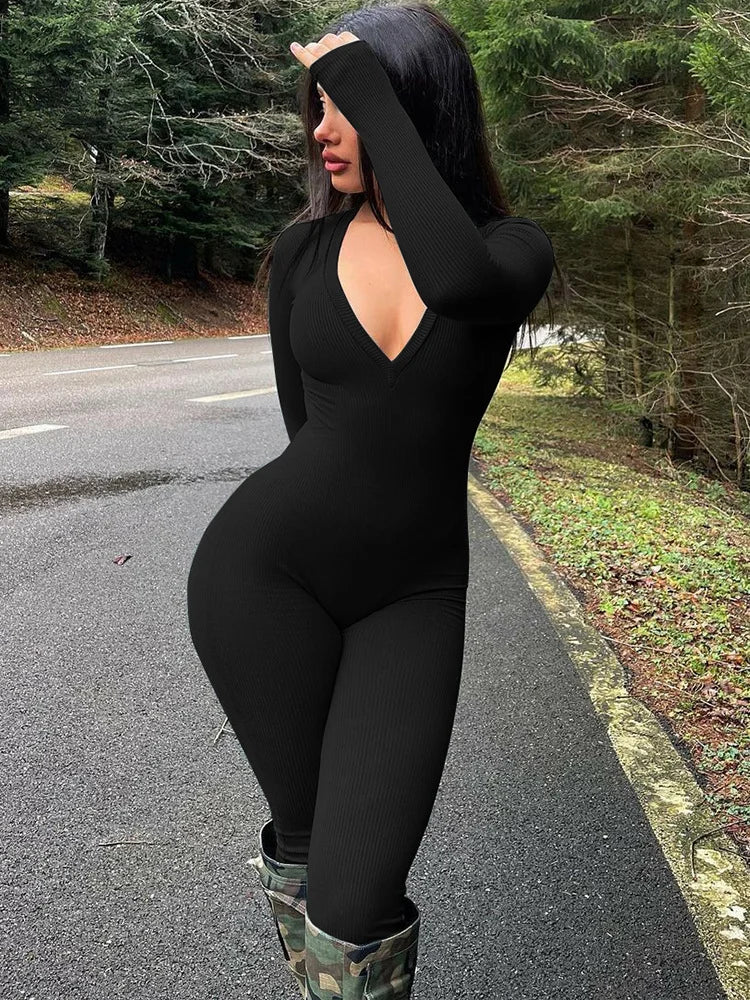Versatility Women’s Small Pit Strip V-Neck Long Sleeved Jumpsuit High Waisted Skinny Hip Hugging Jumpsuit