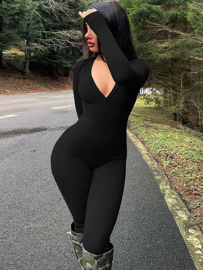 Versatility Women’s Small Pit Strip V-Neck Long Sleeved Jumpsuit High Waisted Skinny Hip Hugging Jumpsuit
