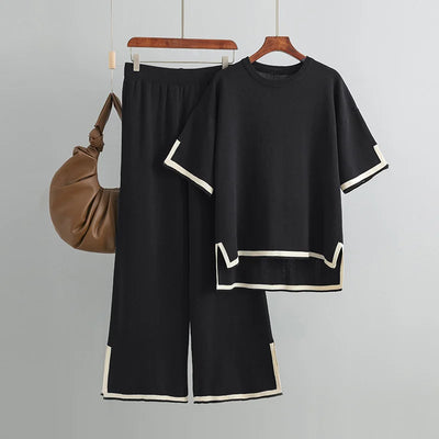 Two Piece Suit With Solid Color Wide Leg Pants