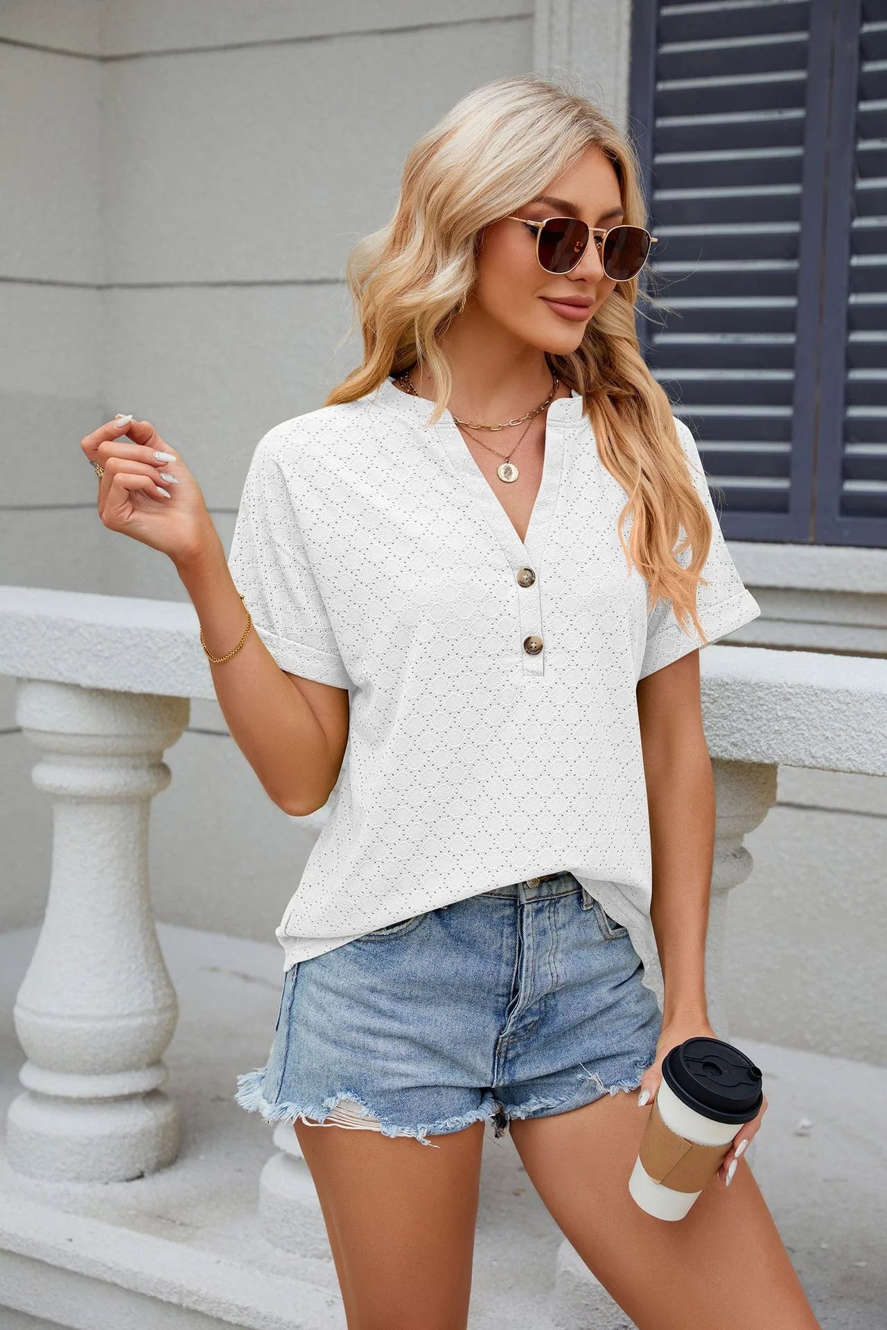 Loose Short Sleeve Button V Neck Blouse