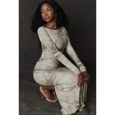 Printed Long Sleeved Crewneck Skinny Design Dress
