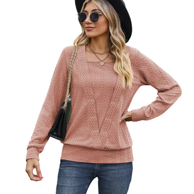 Solid Color Square Collar Cross Loose Long Sleeved Sweater Woman