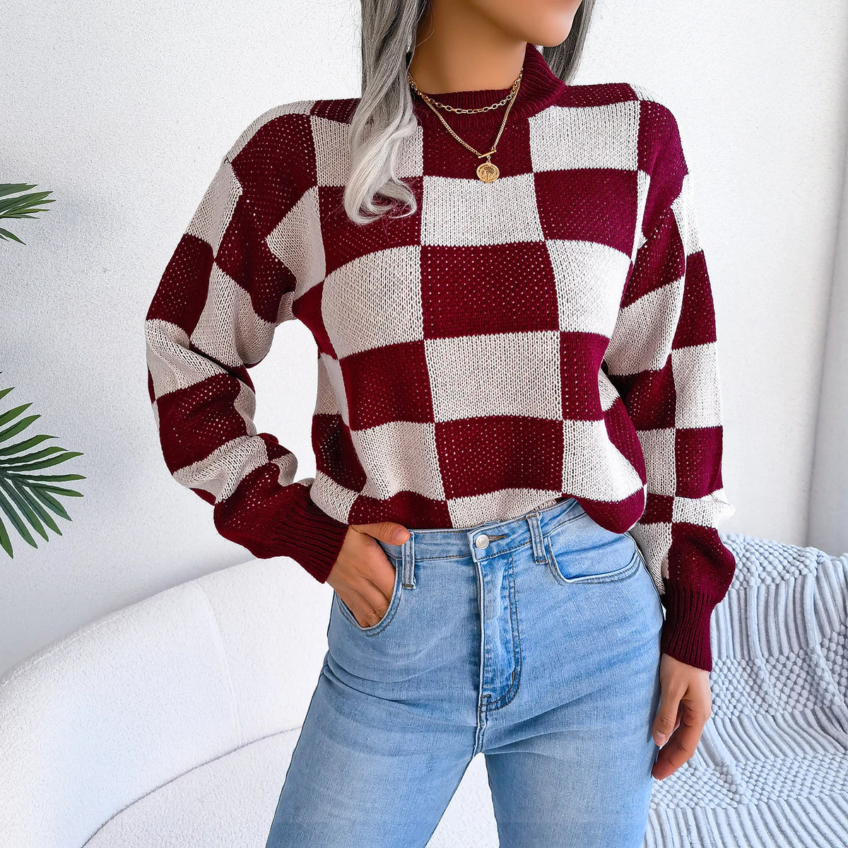 Streetwear Contrasting Plaid Long Sleeved Pullover Knit Sweater