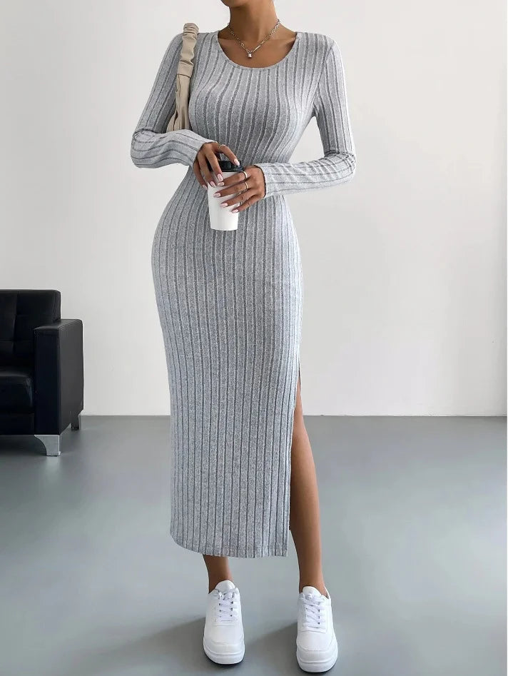 Long Sleeve Round Neck Slit Knitted Maxi Dress