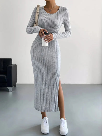 Long Sleeve Round Neck Slit Knitted Maxi Dress