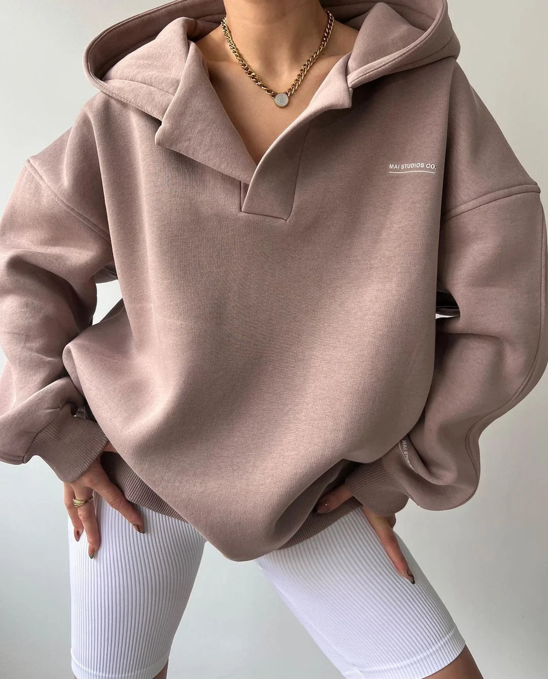 Solid Color Hoddie With V Neck