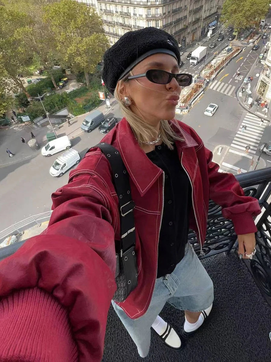 Leather Jacket with Long Sleeves and Zipper