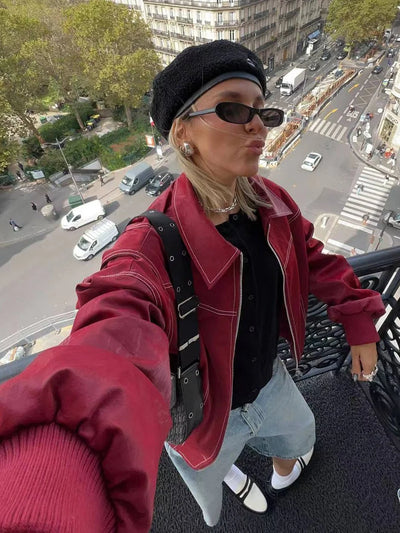 Leather Jacket with Long Sleeves and Zipper