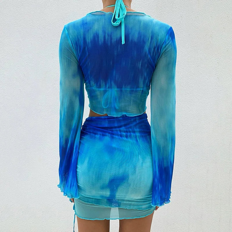 Short Skirt With Flared Sleeve Top
