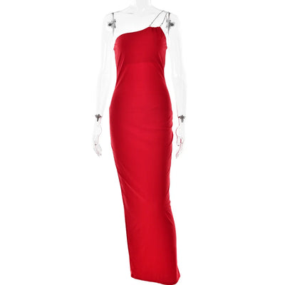 Rhinestone Halter Dress Slant Collar Dress