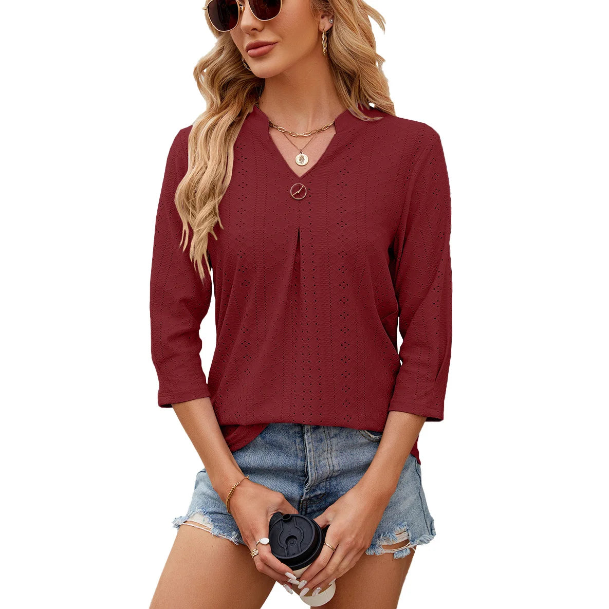 New Solid Color Seven Quarter Sleeve Casual Blouse Woman