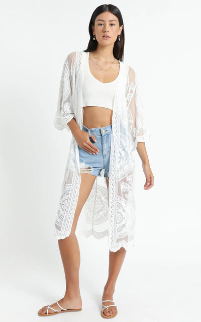 Beach Blouse with Cardigan Embroidery for Over Bikini