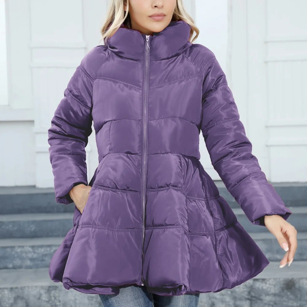 Slim Stand Up Collar Women’s Mid Length Padded Waist Cotton Jacket
