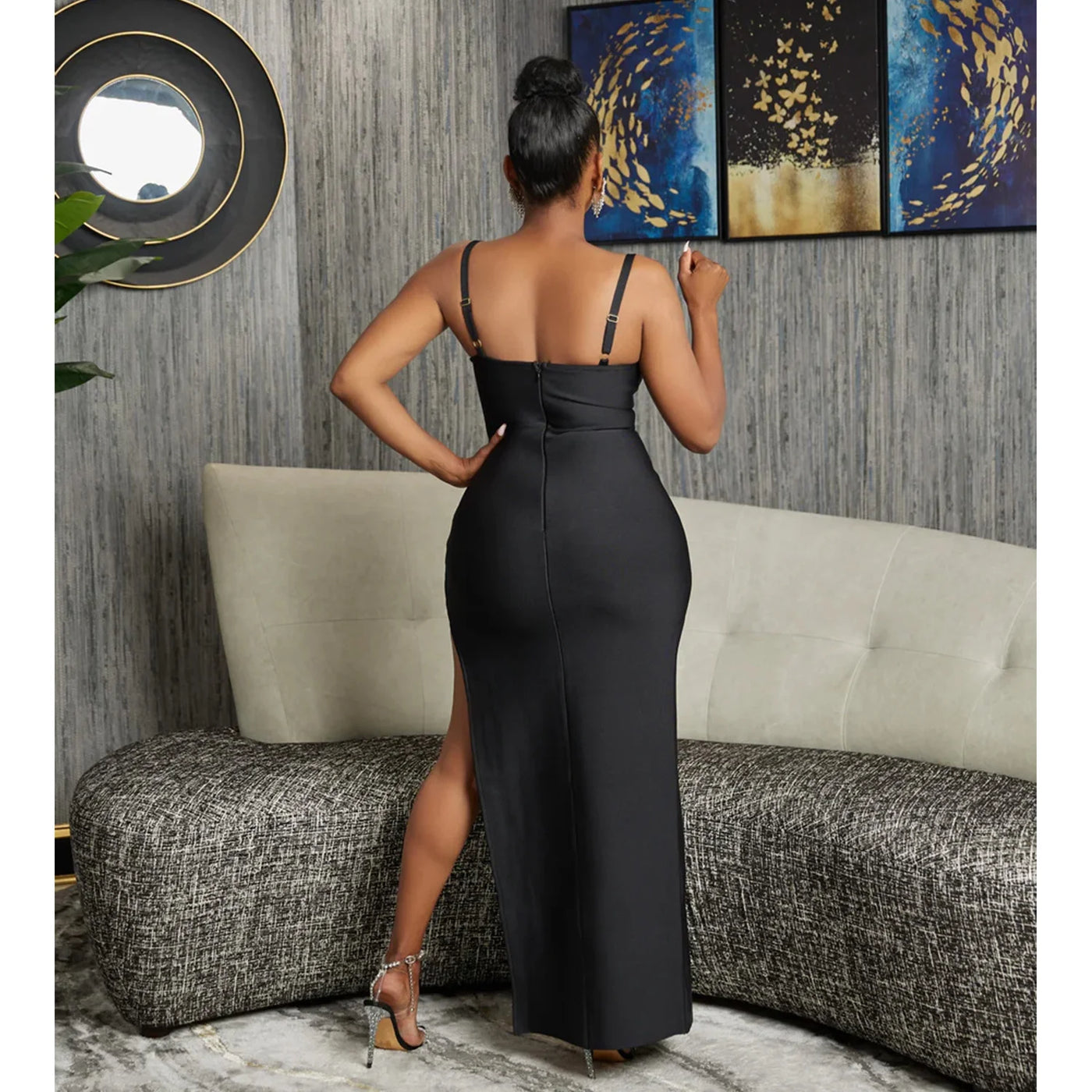 Solid Color Mesh Hollow Bandage Long Dress