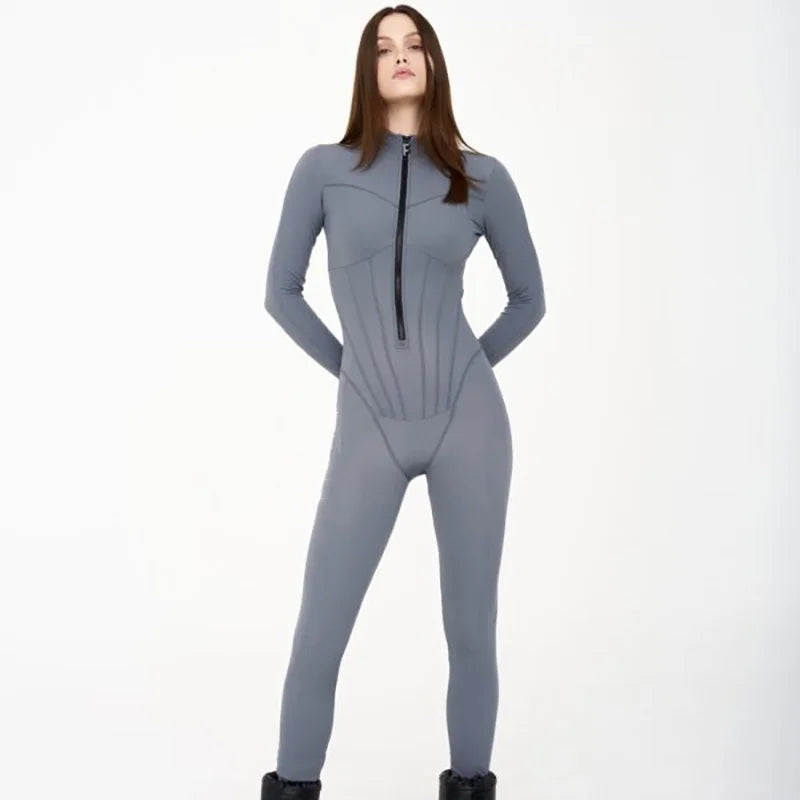 Sexy Tight Zipper One Piece Style Long Sleeve Round Neck Leggings