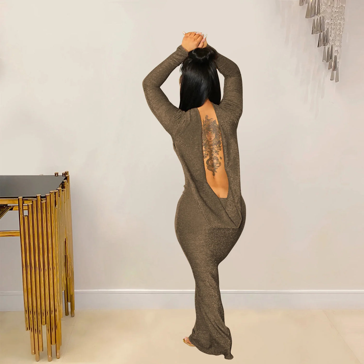 Sexy Long Sleeved Backless Long Dress