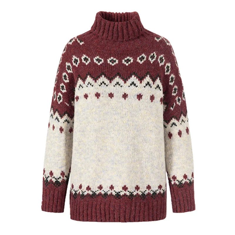 High Necked Pullover Long Sleeved Sweater Jacquard Knitted Thick Sweater