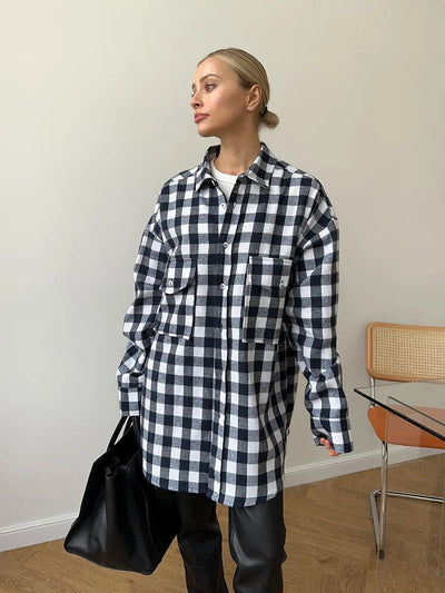 Style Retro Double Pocket Check Striped Mid Length Shirt