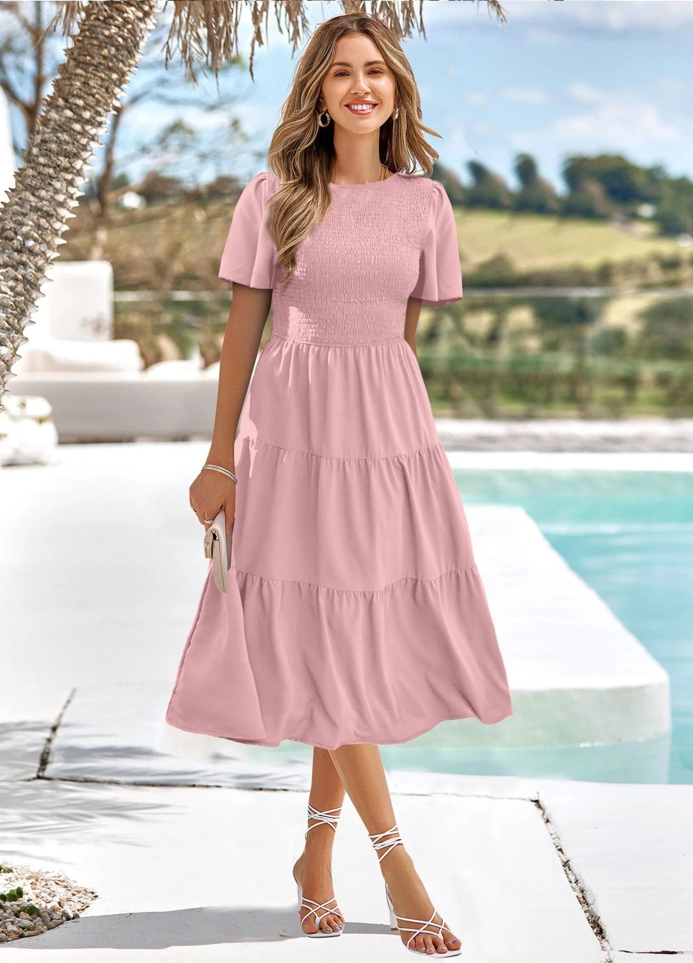 Slim Waist Swing Dress Spring And Summer Round Collar Wrap Around The Holiday Skirt