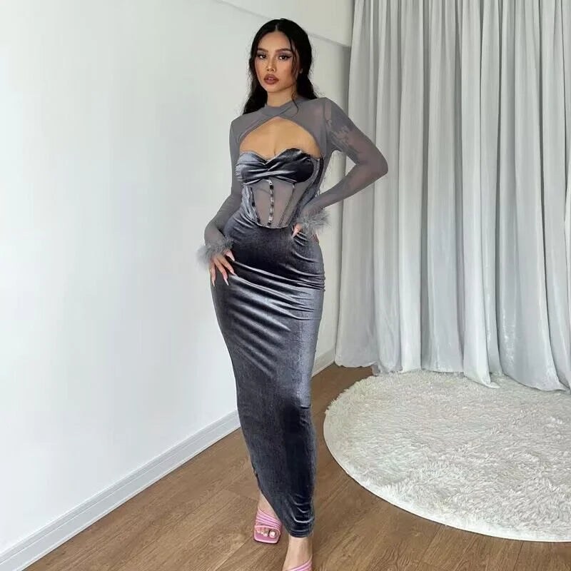 New Plush Mesh Patchwork Nightclub Style Cut Out Maxi Dress Slim Fit