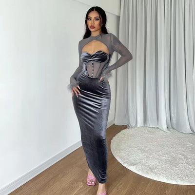 New Plush Mesh Patchwork Nightclub Style Cut Out Maxi Dress Slim Fit