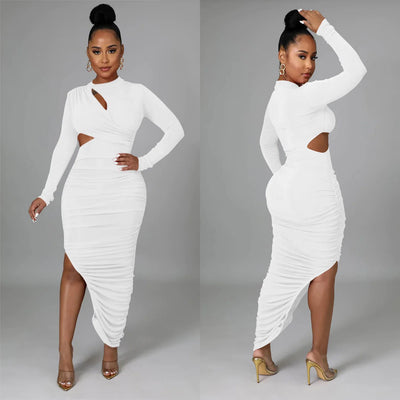 Solid Color Pleated Long Sleeved Dress