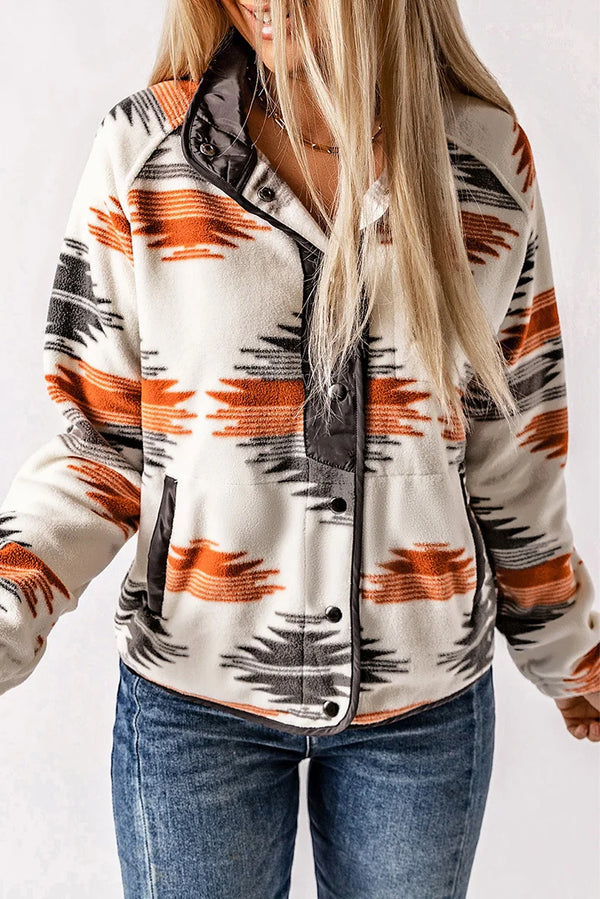 Printed Cardigan Women’s New Fashion Color Matching Fleece Jacket