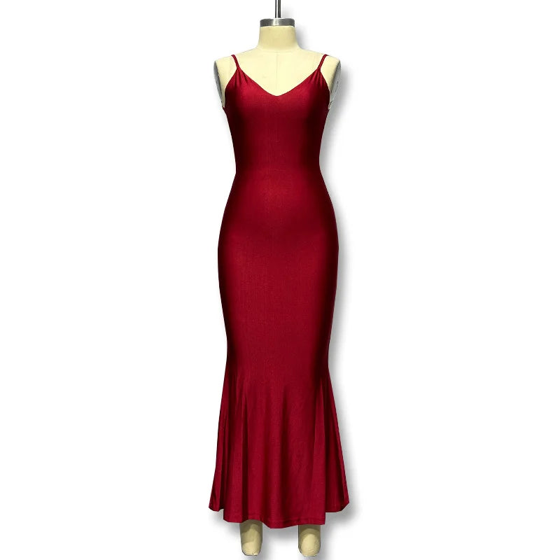 Red Dress Skirt Deep V Sexy Open Back Suspender Fishtail Dress