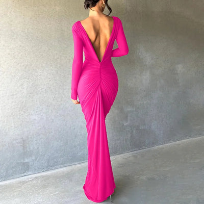 Reversible Sexy V Neck Slim Pleated Long Sleeve Dress High Waist Hip Tight Dress Skirt