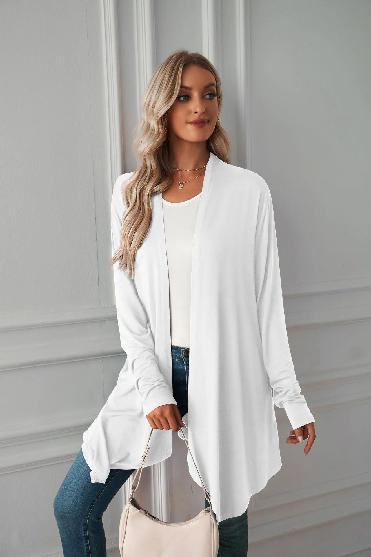 Pure Color Long Sleeved Cardigan Coat Long Blouse Woman