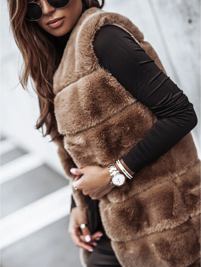 Women’s Winter Round Neck Fur Vest Long Vest Jacket