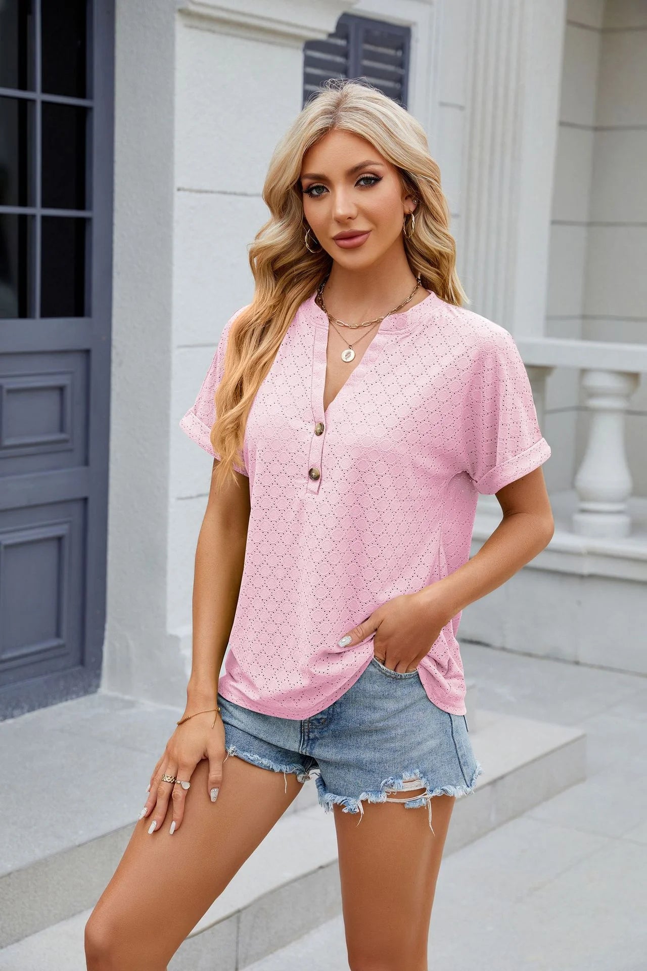 Loose Short Sleeve Button V Neck Blouse