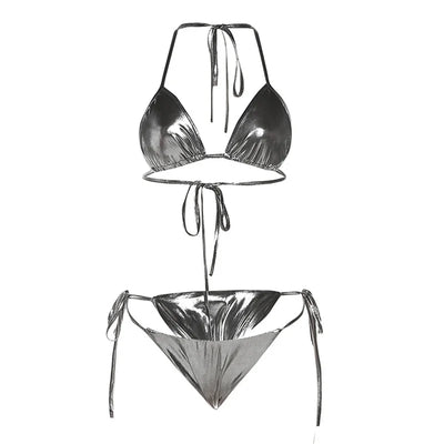 Halterneck Tie Sexy Backless Reflective Bikini Two Piece Set