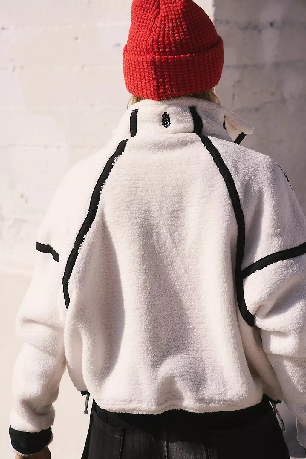 Cropped Drawstring Panel, Contrasting Shearling Jacket Women’s Loose Half Zip Pullover Plush Top