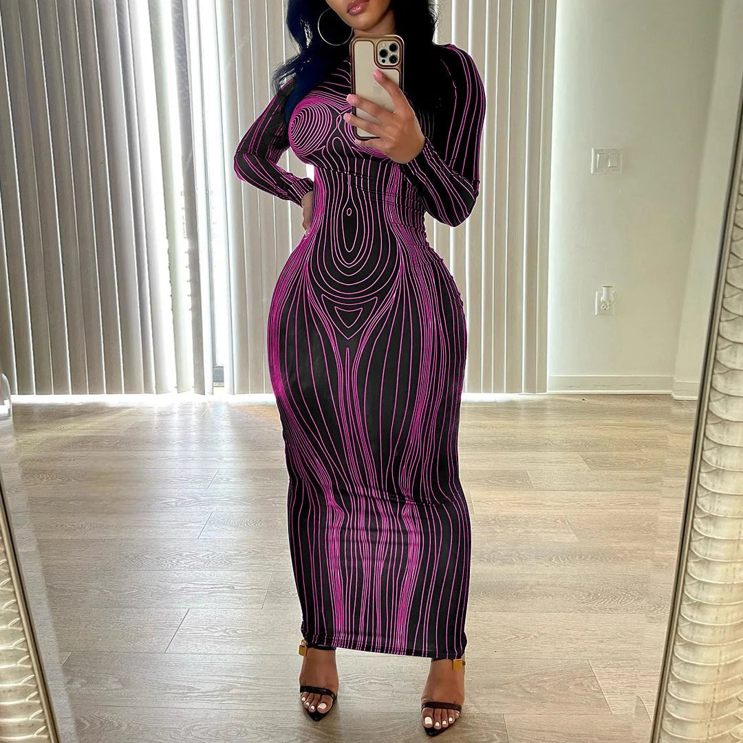 New Hip Skirt Long Sleeve Round Neck Fashion Print Slim Hip Bottom Dress