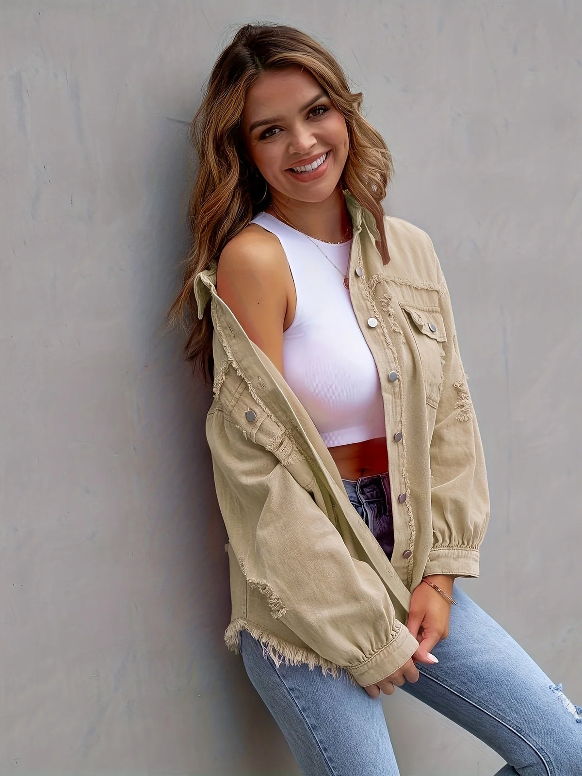 Long Sleeved Jeans Jacket With Holes In Solid Color