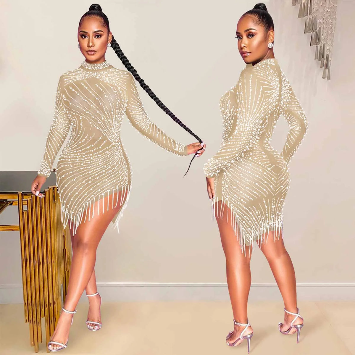 Bead Tassel Round Neck Long Sleeved Dress