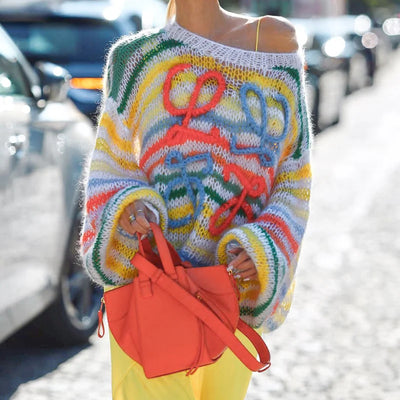 Colorful Striped Contrasting Sweater Loose Fitting Pullover Sweater