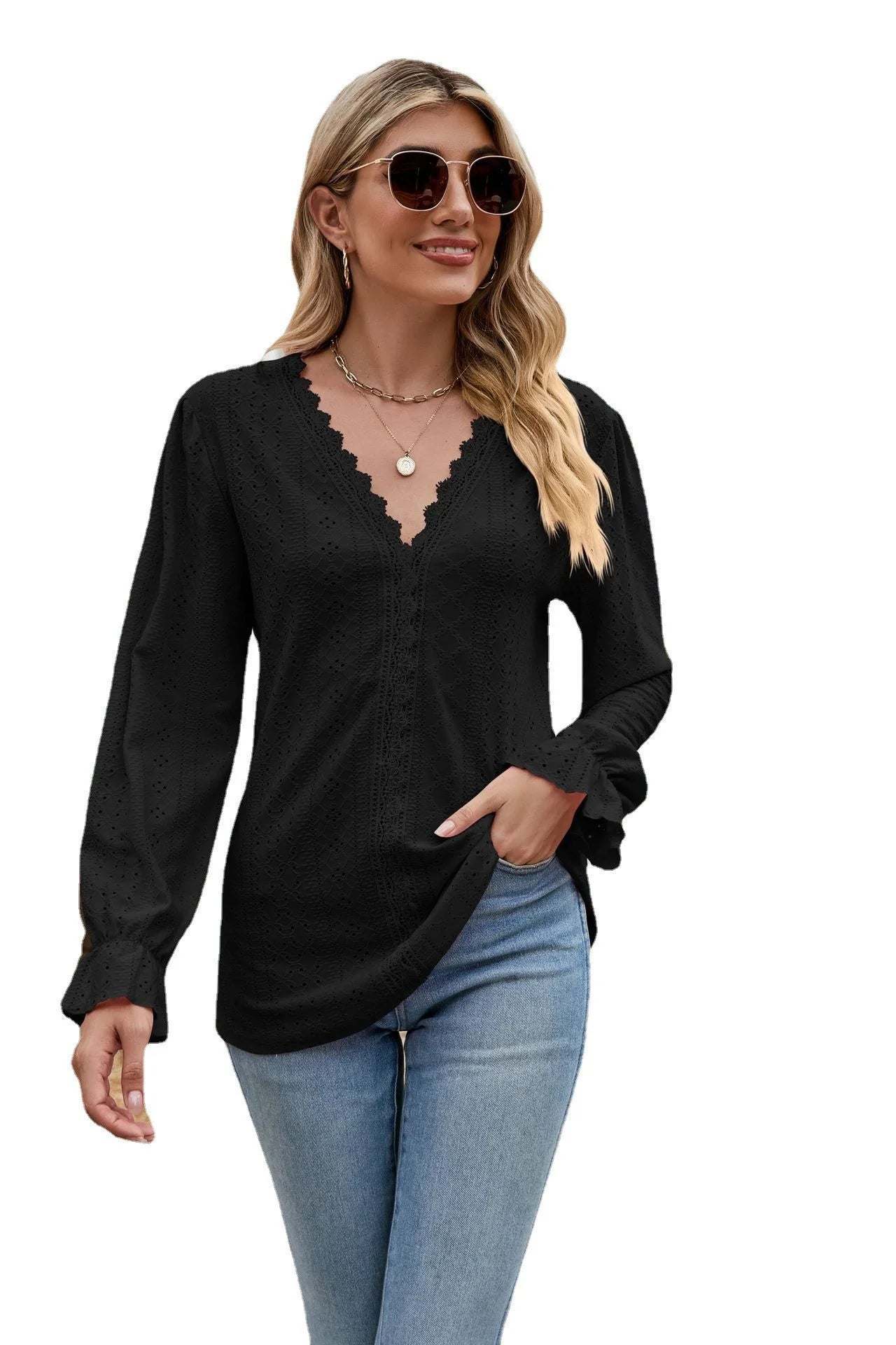 Loose Fit Long Sleeve Lace Stitching Blouse