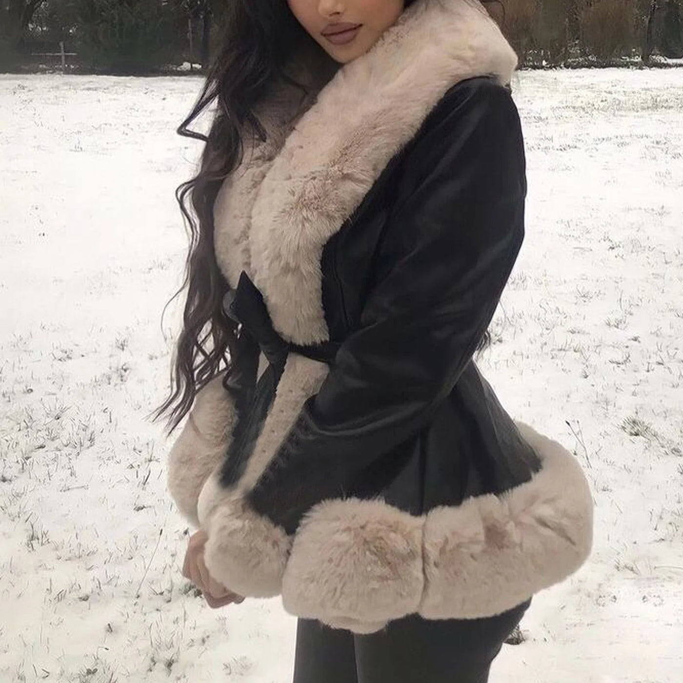 PU Fur Big Collar Tie Waist Leather Jacket