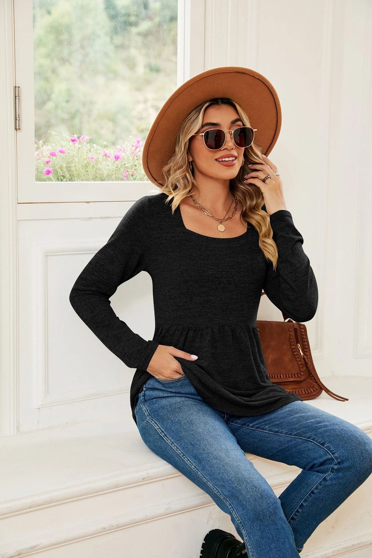 Square Neck Long Sleeve Blouse