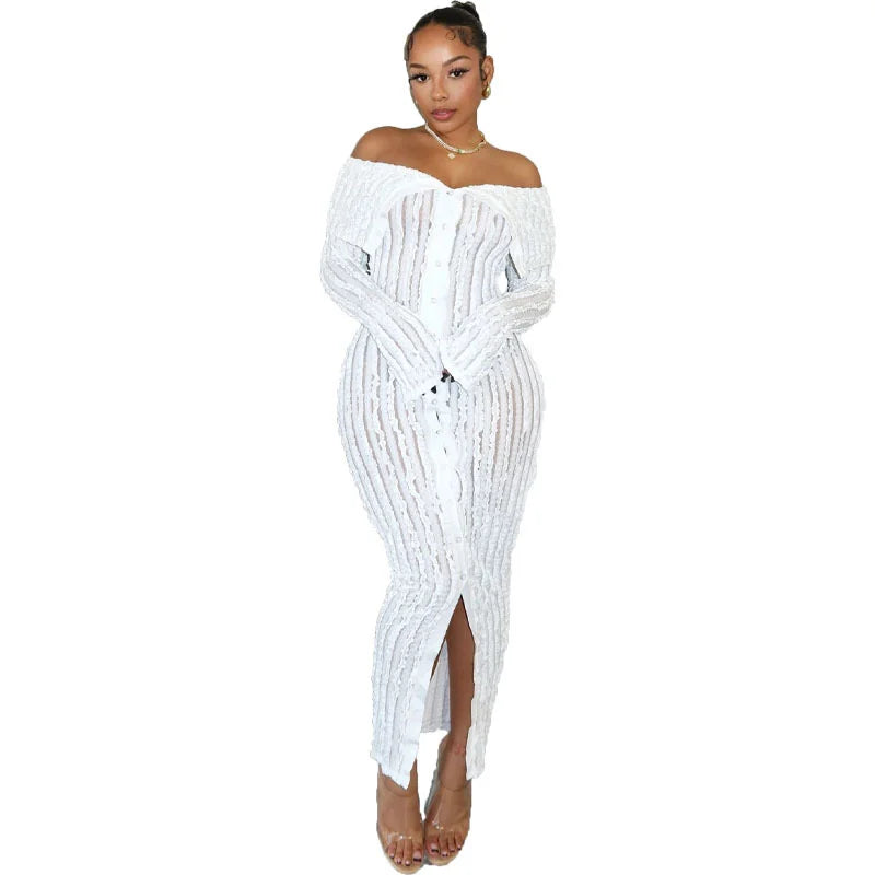 Hip Wrap Skirt Design With Wave Pattern Long Sleeved Dress