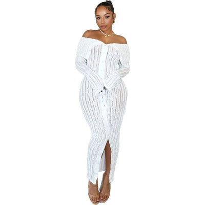 Hip Wrap Skirt Design With Wave Pattern Long Sleeved Dress