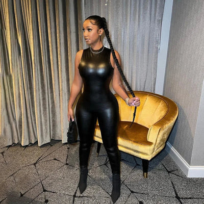 Pure Color PU Leather Slim Sleeveless High Waist Hip One Piece Trousers